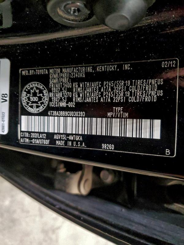 Aukcja sprzedaży 2012 Toyota Venza, vin: 4T3BA3BB9CU030393, numer aukcji: 96161435