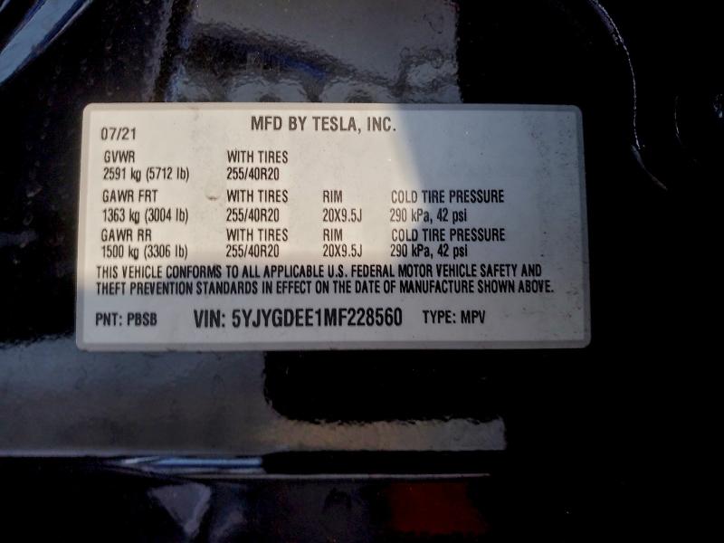Продажа на аукционе авто 2021 Tesla Model Y, vin: 5YJYGDEE1MF228560, номер лота: 96082755