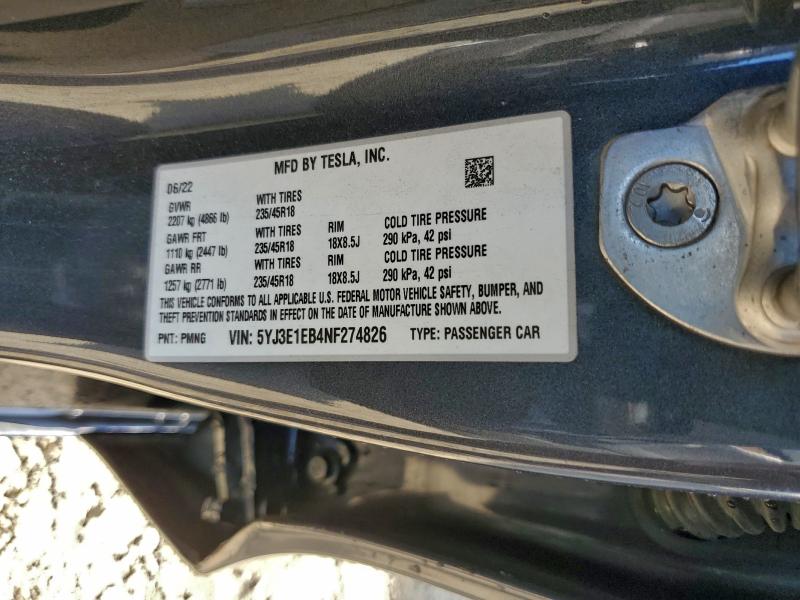 Aukcja sprzedaży 2022 Tesla Model 3, vin: 5YJ3E1EB4NF274826, numer aukcji: 97197295