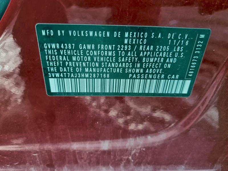 Aukcja sprzedaży 2017 Volkswagen Jetta, vin: 3VW4T7AJ3HM287168, numer aukcji: 97365655