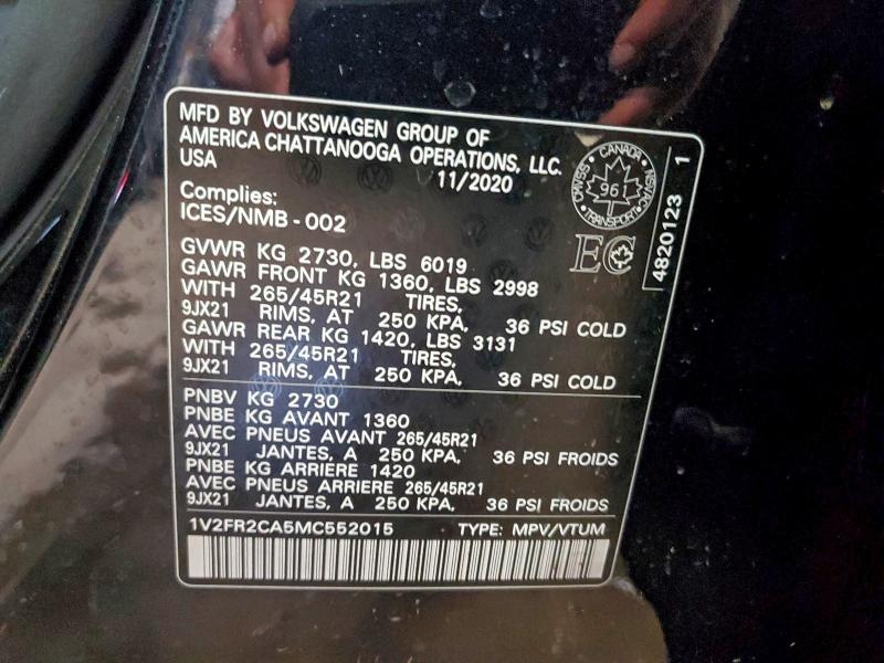 Aukcja sprzedaży 2021 Volkswagen Atlas, vin: 1V2FR2CA5MC552015, numer aukcji: 95393585