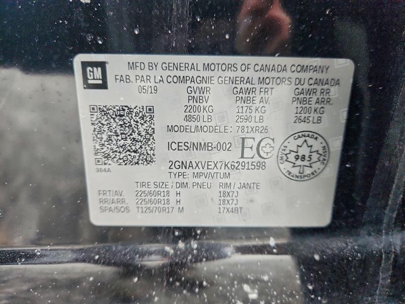 97506915 :رقم المزاد ، 2GNAXVEX7K6291598 vin ، 2019 Chevrolet Equinox Lt مزاد بيع