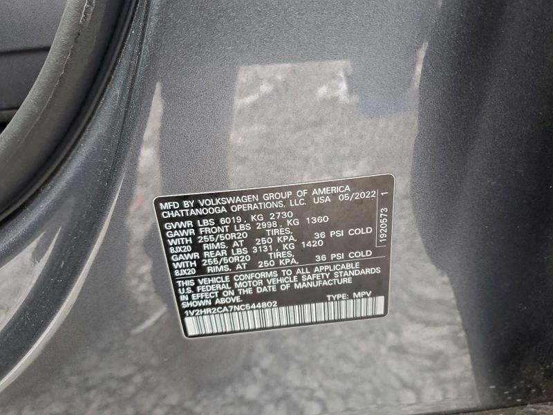 95590545 :رقم المزاد ، 1V2HR2CA7NC544802 vin ، 2022 Volkswagen Atlas مزاد بيع