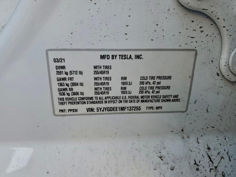 Aukcja sprzedaży 2021 Tesla Model Y, vin: 5YJYGDEE1MF137255, numer aukcji: 94955065