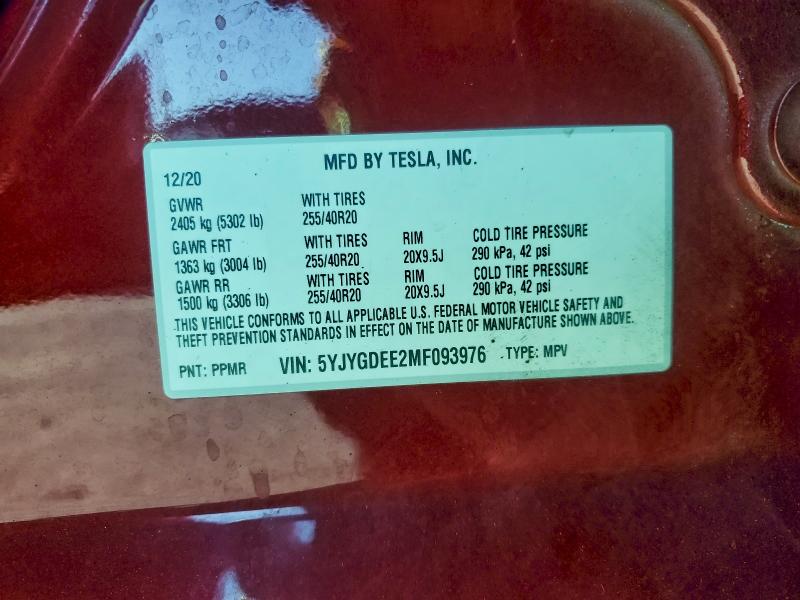 2021 Tesla Model Y მანქანა იყიდება აუქციონზე, vin: 5YJYGDEE2MF093976, აუქციონის ნომერი: 95941465
