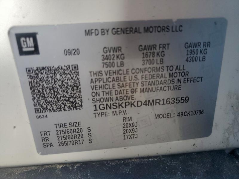 Продажа на аукционе авто 2021 Chevrolet Tahoe, vin: 1GNSKPKD4MR163559, номер лота: 95356535