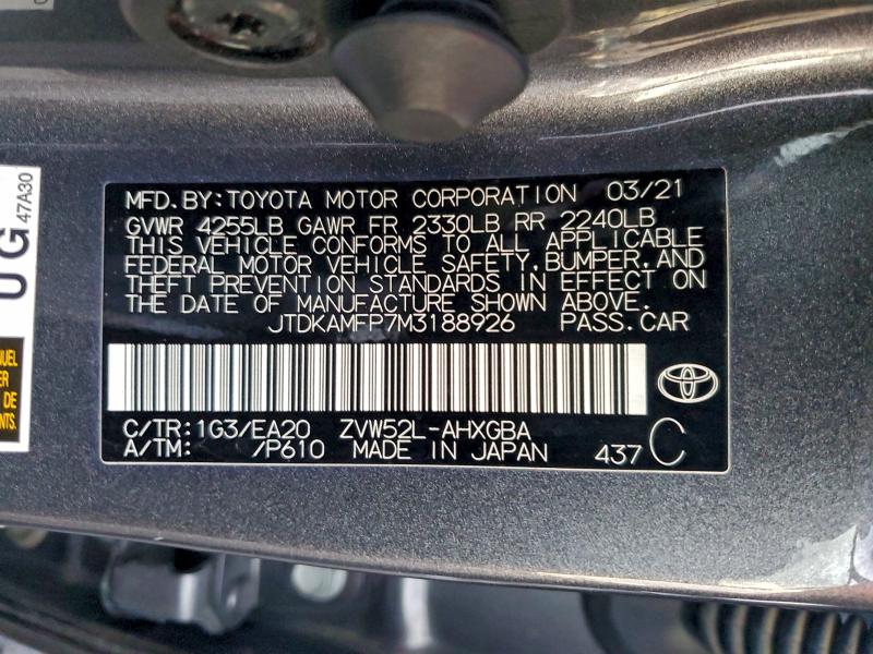 2021 Toyota Prius Prim მანქანა იყიდება აუქციონზე, vin: JTDKAMFP7M3188926, აუქციონის ნომერი: 97414755
