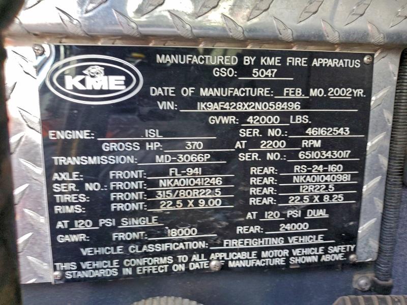 Aukcja sprzedaży 2002 Kovatch Firetruck, vin: 1K9AF428X2N058496, numer aukcji: 52272246