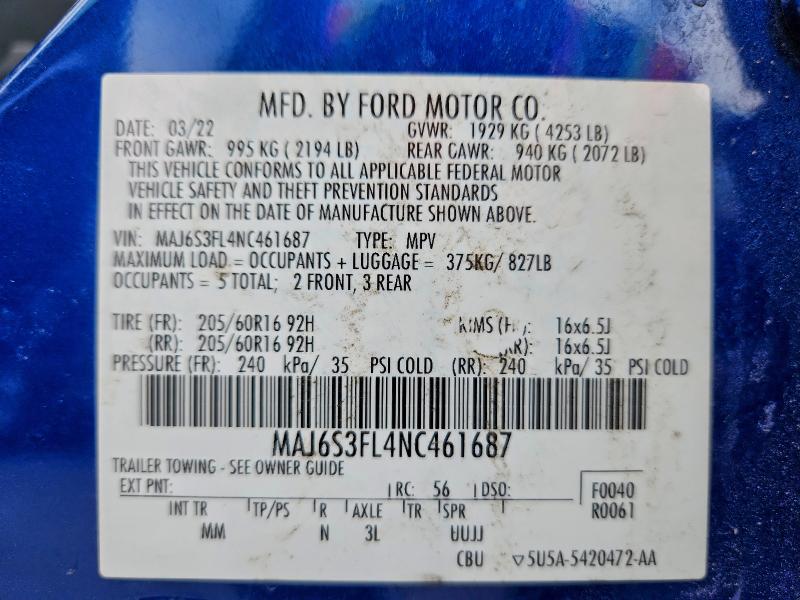 2022 Ford Ecosport მანქანა იყიდება აუქციონზე, vin: MAJ6S3FL4NC461687, აუქციონის ნომერი: 96127725