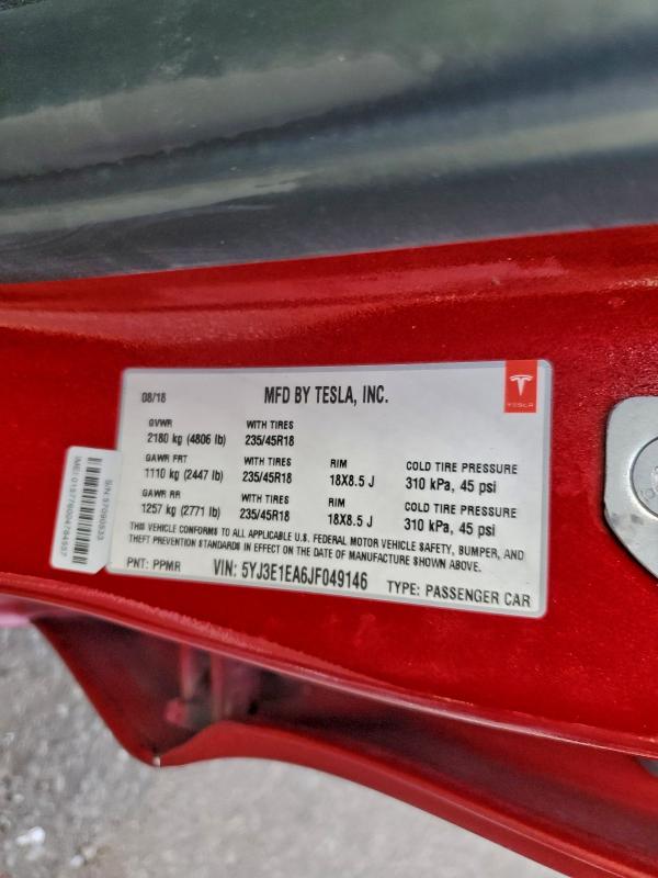 Продажа на аукционе авто 2018 Tesla Model 3, vin: 5YJ3E1EA6JF049146, номер лота: 98245875
