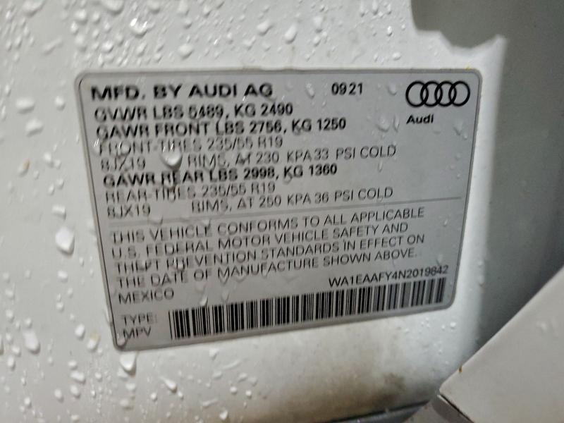 97173725 :رقم المزاد ، WA1EAAFY4N2019842 vin ، 2022 Audi Q5 مزاد بيع