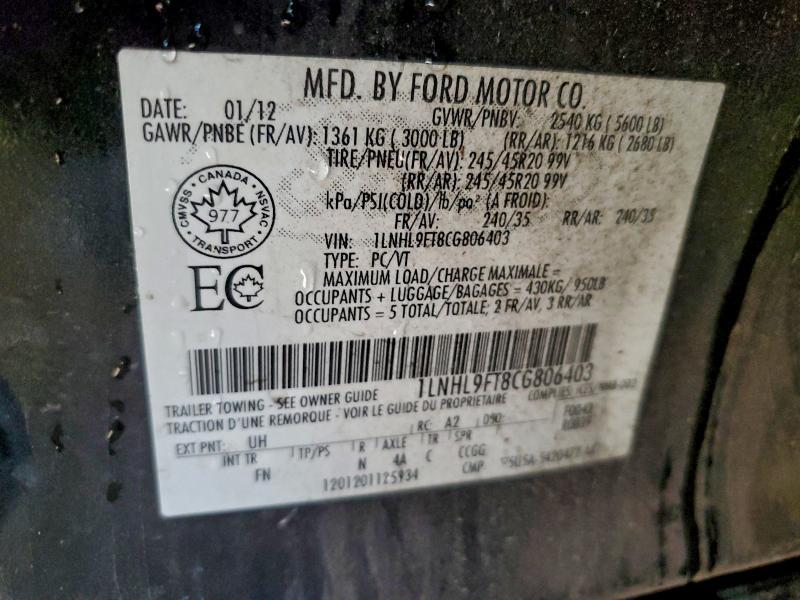 96263755 :رقم المزاد ، 1LNHL9FT8CG806403 vin ، 2012 Lincoln Mks مزاد بيع