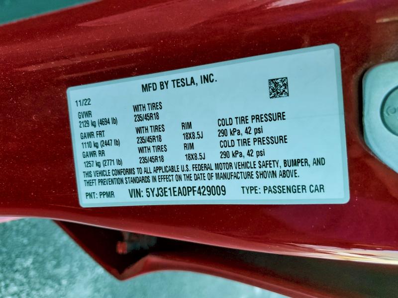 Продажа на аукционе авто 2023 Tesla Model 3, vin: 5YJ3E1EA0PF429009, номер лота: 98175305
