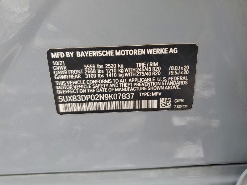 Aukcja sprzedaży 2022 Bmw X3, vin: 5UX83DP02N9K07837, numer aukcji: 97758815