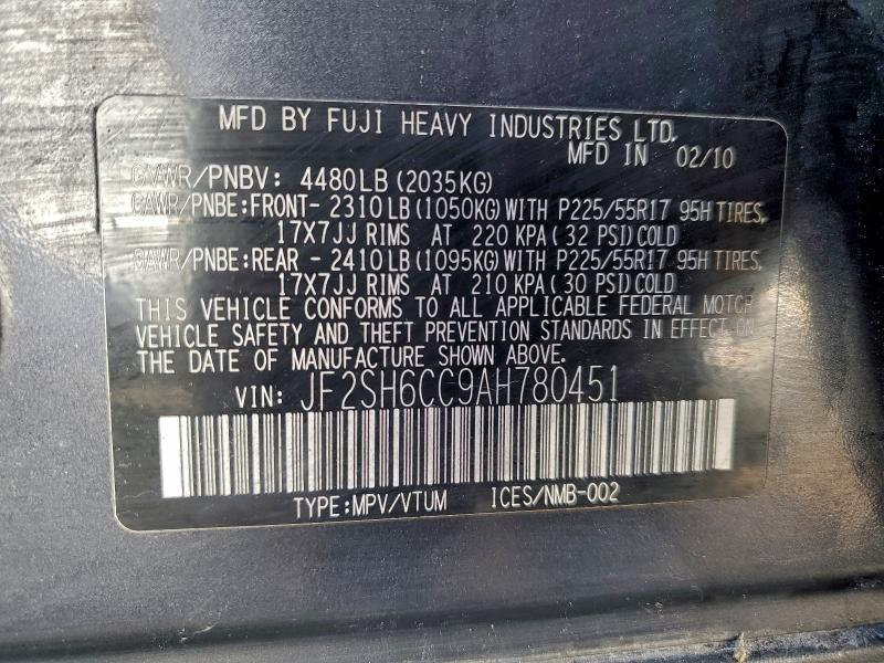 Aukcja sprzedaży 2010 Subaru Forester 2, vin: JF2SH6CC9AH780451, numer aukcji: 95146425