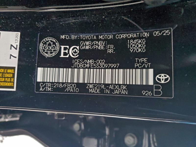 96895425 :رقم المزاد ، JTDBCMFE5S3097997 vin ، 2025 Toyota Corolla مزاد بيع