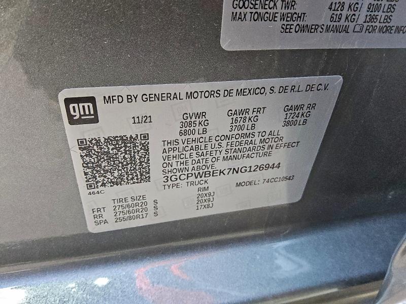 Aukcja sprzedaży 2022 Chevrolet Silverado Ltd, vin: 3GCPWBEK7NG126944, numer aukcji: 93172705