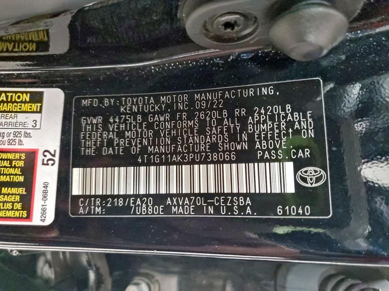 2023 Toyota Camry Se N მანქანა იყიდება აუქციონზე, vin: 4T1G11AK3PU738066, აუქციონის ნომერი: 75941135