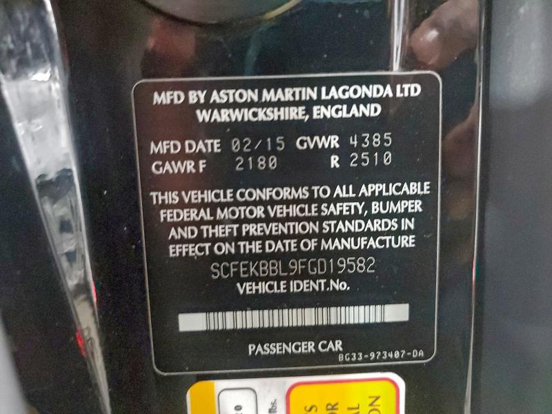 2015 Aston Martin V8 Vantage მანქანა იყიდება აუქციონზე, vin: SCFEKBBL9FGD19582, აუქციონის ნომერი: 98123355