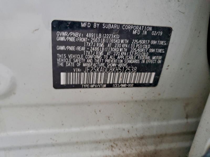 97202005 :رقم المزاد ، JF2SKAGC8KH512538 vin ، 2019 Subaru Forester مزاد بيع
