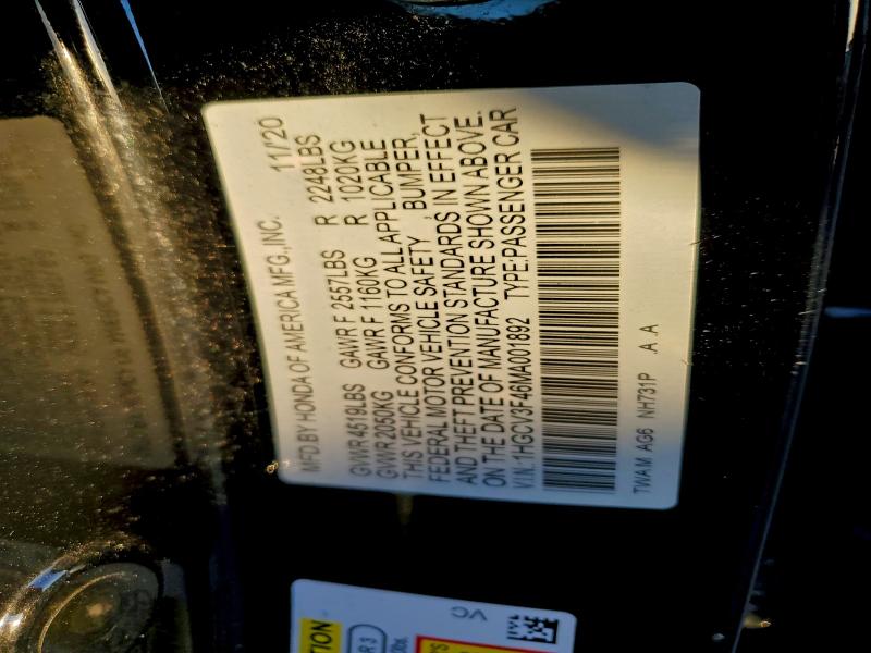 96001745 :رقم المزاد ، 1HGCV3F46MA001892 vin ، 2021 Honda Accord مزاد بيع
