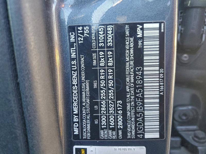 Продажа на аукционе авто 2015 Mercedes-benz Ml, vin: 4JGDA5JB9FA518943, номер лота: 94829945