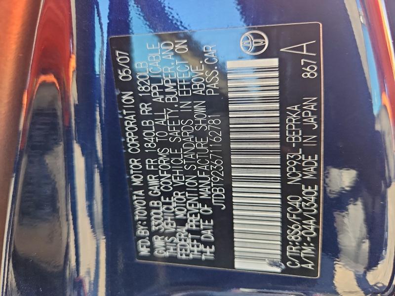 2007 Toyota Yaris მანქანა იყიდება აუქციონზე, vin: JTDBT923671162781, აუქციონის ნომერი: 95772625