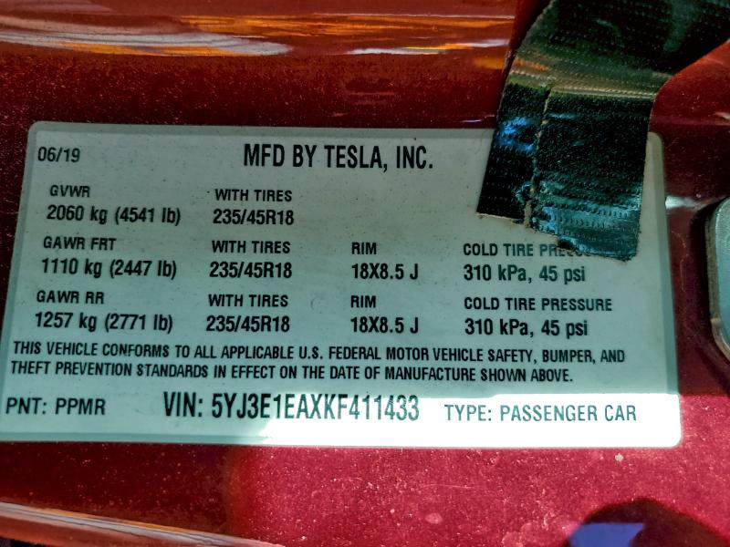 Aukcja sprzedaży 2019 Tesla Model 3, vin: 5YJ3E1EAXKF411433, numer aukcji: 95094795