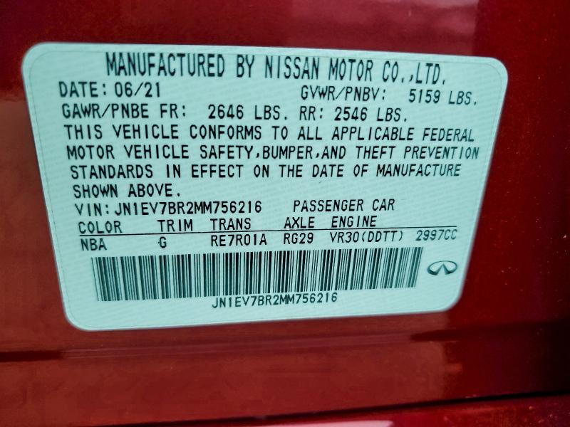 Aukcja sprzedaży 2021 Infiniti Q50, vin: JN1EV7BR2MM756216, numer aukcji: 96948925