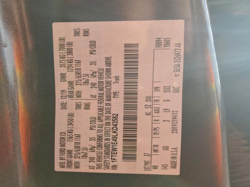2020 Ford F150 მანქანა იყიდება აუქციონზე, vin: 1FTEW1E49LKD43582, აუქციონის ნომერი: 94292685