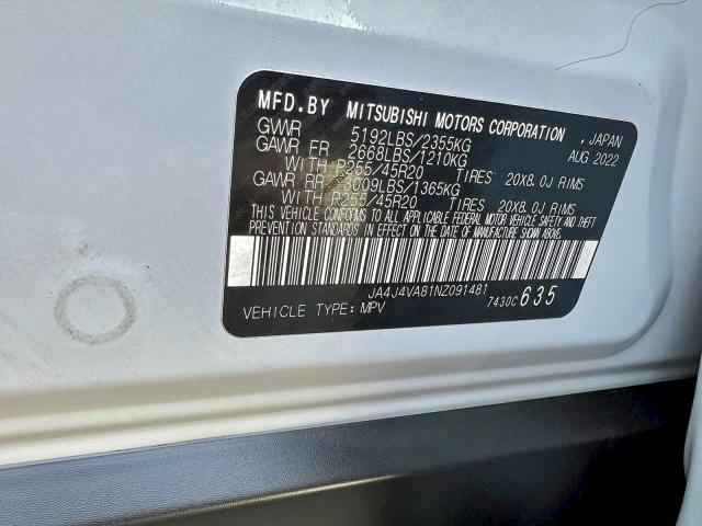 Продаж на аукціоні авто 2022 Mitsubishi Outlander, vin: JA4J4VA81NZ091481, номер лоту: 98718165