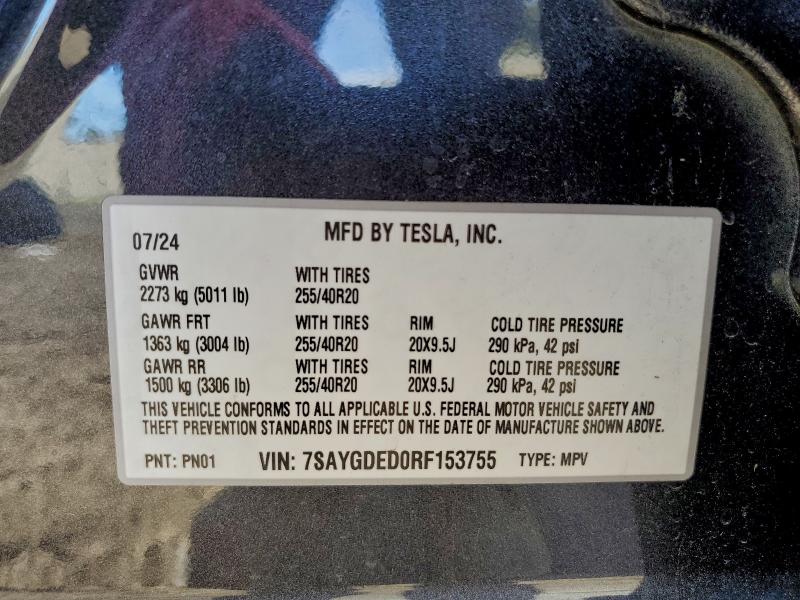 96899605 :رقم المزاد ، 7SAYGDED0RF153755 vin ، 2024 Tesla Model Y مزاد بيع