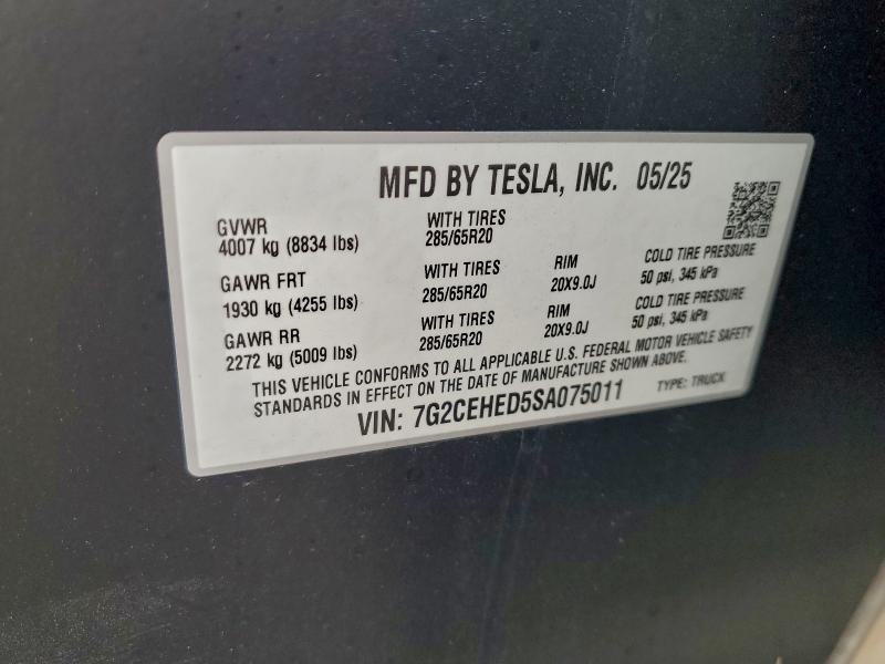 Продаж на аукціоні авто 2025 Tesla Cybertruck, vin: 7G2CEHED5SA075011, номер лоту: 94491495