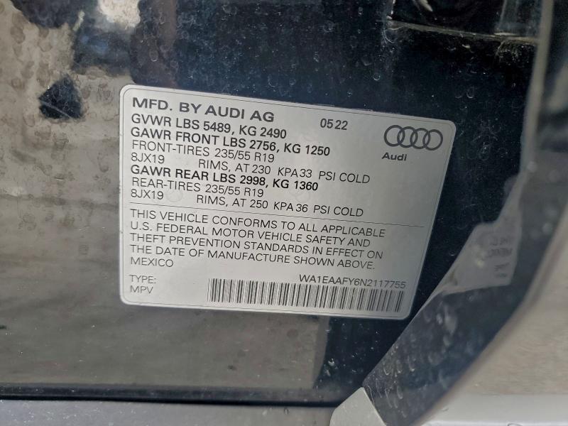 94454825 :رقم المزاد ، WA1EAAFY6N2117755 vin ، 2022 Audi Q5 مزاد بيع