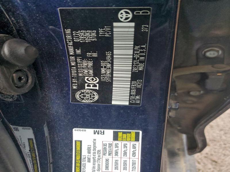 Aukcja sprzedaży 2022 Toyota Corolla, vin: 5YFBPMBE9NP349465, numer aukcji: 97072695