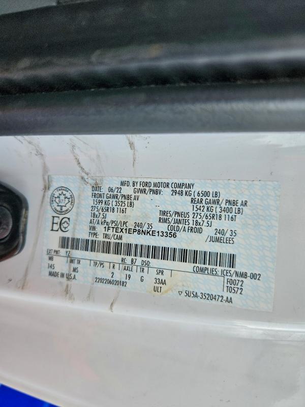 Aukcja sprzedaży 2022 Ford F150, vin: 1FTEX1EP8NKE13356, numer aukcji: 97358835