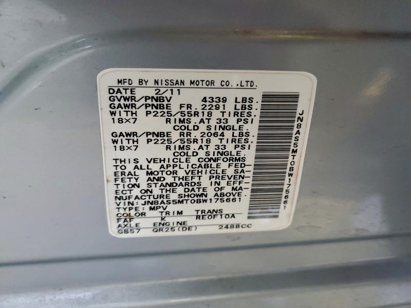 94733245 :رقم المزاد ، JN8AS5MT0BW175661 vin ، 2011 Nissan Rogue مزاد بيع
