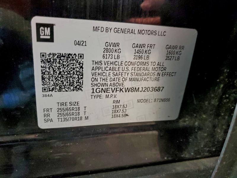 94435765 :رقم المزاد ، 1GNEVFKW8MJ203687 vin ، 2021 Chevrolet Traverse مزاد بيع