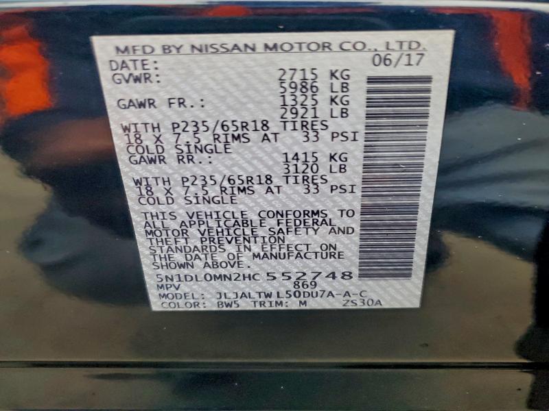 Aukcja sprzedaży 2017 Infiniti Qx60, vin: 5N1DL0MN2HC552748, numer aukcji: 94802455