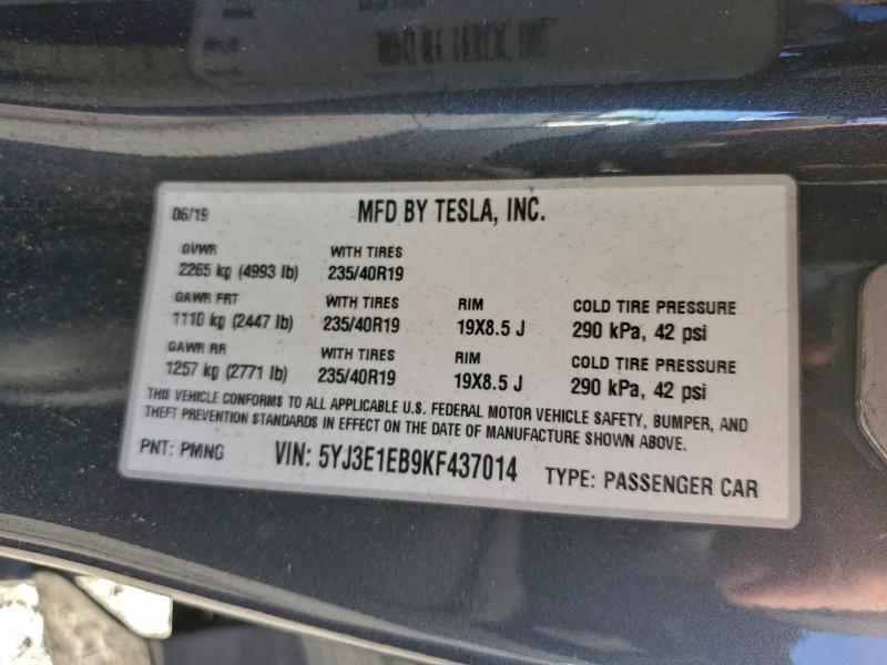 Продаж на аукціоні авто 2019 Tesla Model 3, vin: 5YJ3E1EB9KF437014, номер лоту: 96072995