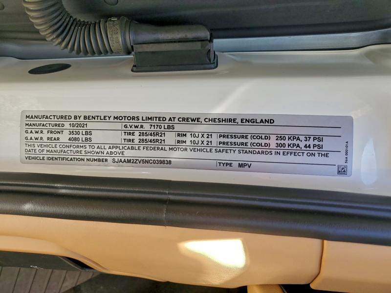 Aukcja sprzedaży 2022 Bently Bentayga, vin: SJAAM2ZV5NC039838, numer aukcji: 52880036
