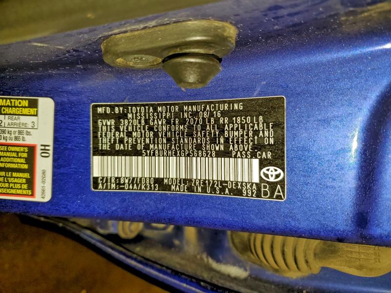 2016 Toyota Corolla მანქანა იყიდება აუქციონზე, vin: 5YFBURHEXGP568628, აუქციონის ნომერი: 97094735