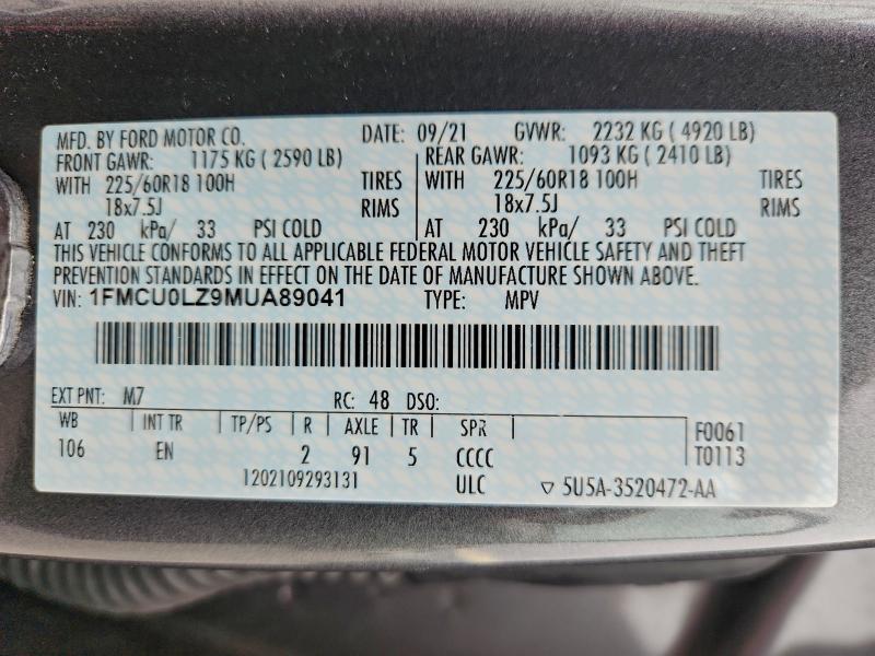 Aukcja sprzedaży 2021 Ford Escape, vin: 1FMCU0LZ9MUA89041, numer aukcji: 95195165