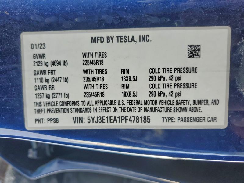 95271595 :رقم المزاد ، 5YJ3E1EA1PF478185 vin ، 2023 Tesla Model 3 مزاد بيع
