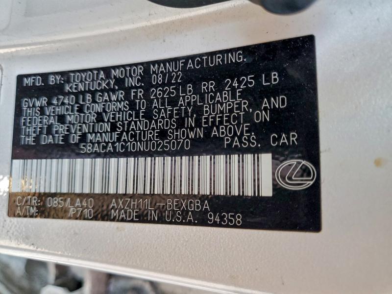 Aukcja sprzedaży 2022 Lexus Es 300h, vin: 58ACA1C10NU025070, numer aukcji: 95280625