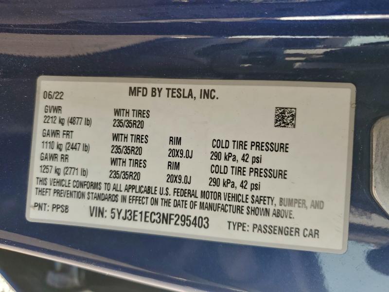 Aukcja sprzedaży 2022 Tesla Model 3, vin: 5YJ3E1EC3NF295403, numer aukcji: 95286665
