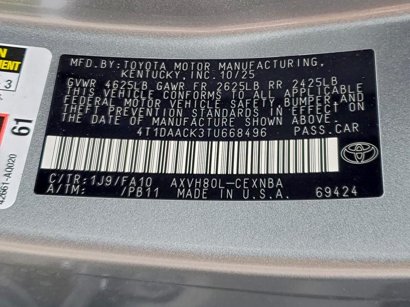 2026 Toyota Camry მანქანა იყიდება აუქციონზე, vin: 4T1DAACK3TU668496, აუქციონის ნომერი: 94770015