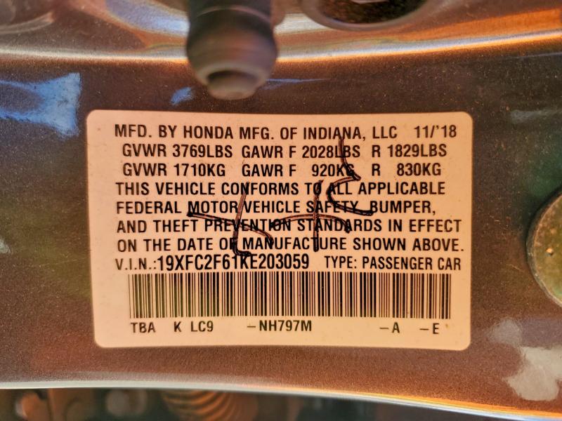 Продаж на аукціоні авто 2019 Honda Civic, vin: 19XFC2F61KE203059, номер лоту: 94642655