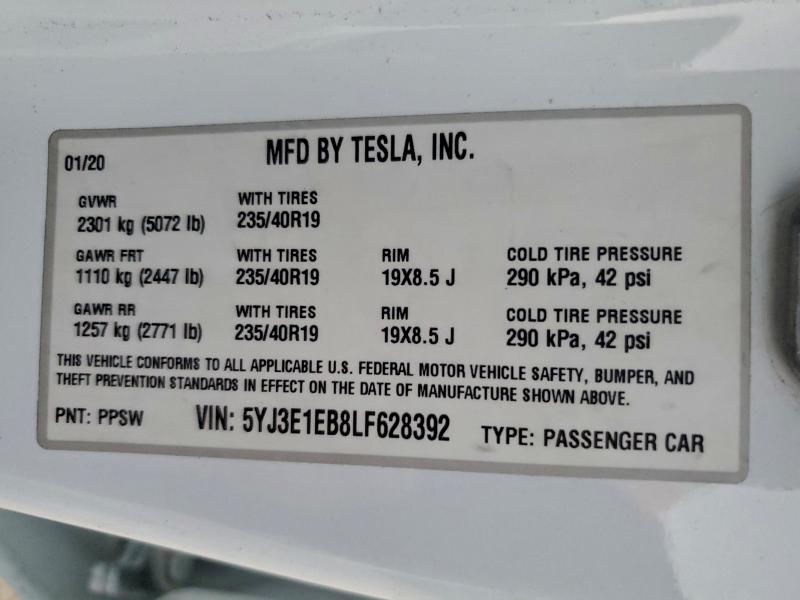 Aukcja sprzedaży 2020 Tesla Model 3, vin: 5YJ3E1EB8LF628392, numer aukcji: 96082425