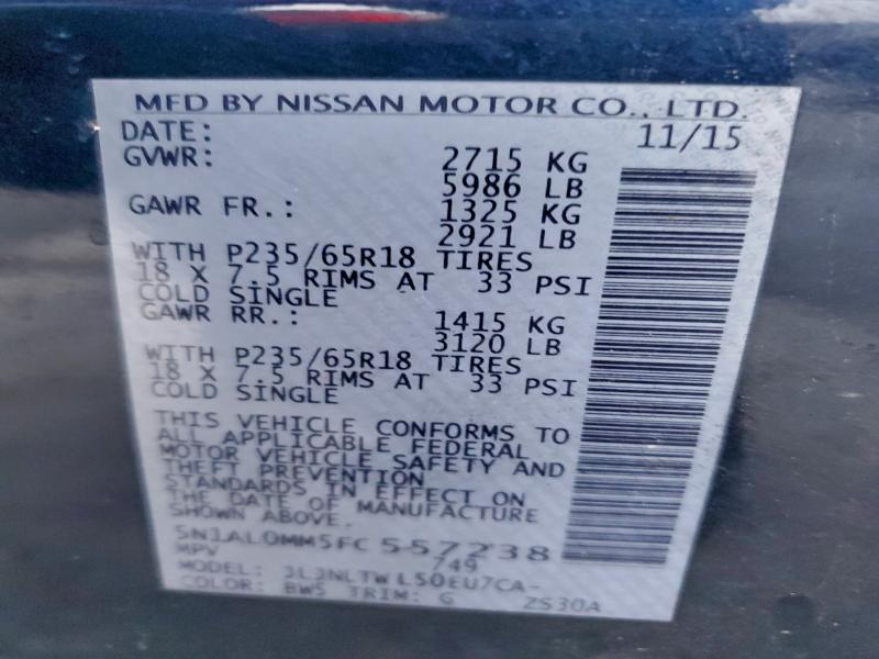 95929765 :رقم المزاد ، 5N1AL0MM5FC557238 vin ، 2015 Infiniti Qx60 مزاد بيع